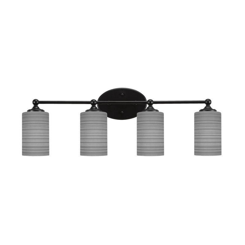 Barre d'éclairage de salle de bain 4 lumières Capri au fini noir mat avec verre matriciel de 4 po, Nickel brossé