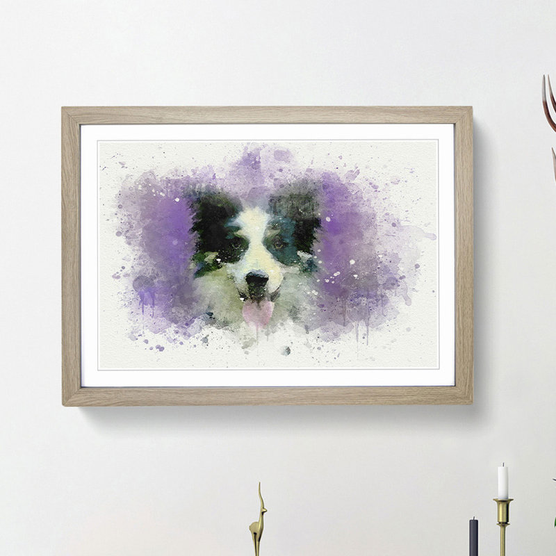 Border Collie in the Purple Flowers in Abstract - Picture Frame Painting Print, 36cm H x 48cm W x 2cm D, Oak Framed