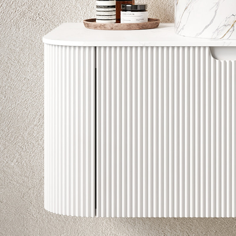 Meuble de rangement mural pour salle de bain de 91 cm (36 po) en contreplaqué avec comptoir en pierre frittée blanche, un tiroir, sans lavabo ni robinet, tiroir à fermeture amortie 3D de style français tissé, armoire gravée.
