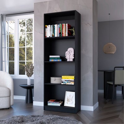 Bibliothèque de rangement à 4 tablettes à 4 niveaux - Améliorez votre espace de vie. Mélange de décor classique et moderne. H 71,1 po x l 24,7 po x P 11,7 po. Fabriqué en bois. La tablette arrière principale fermée offre un rangement élégant.