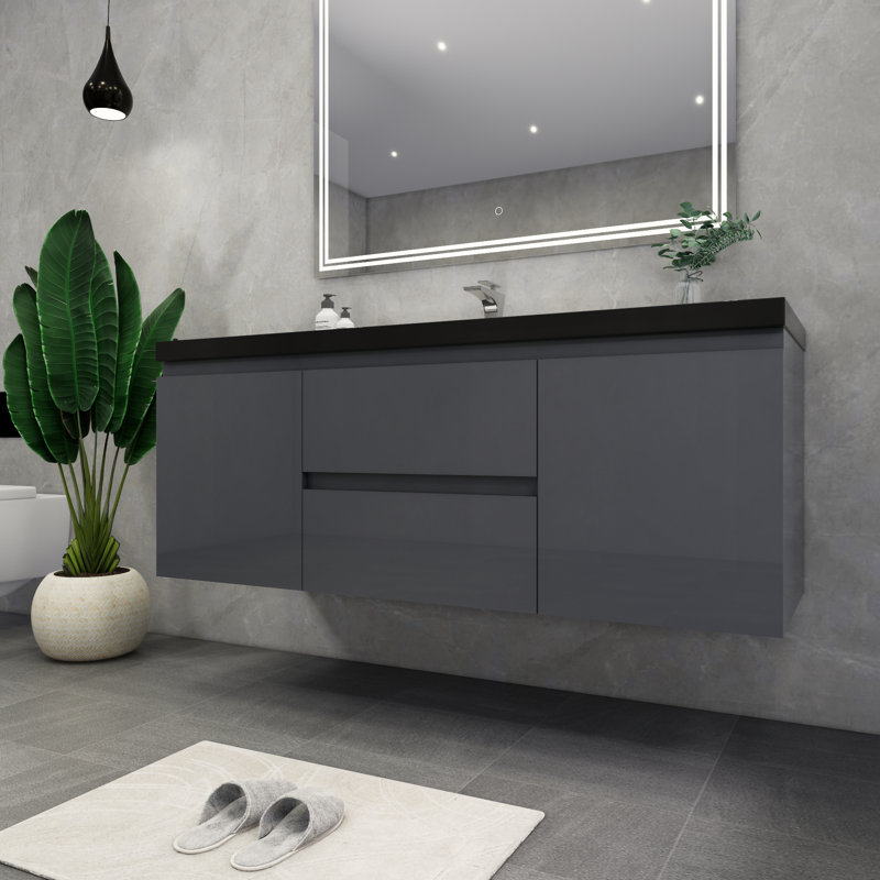 Castin 60" Wall-Mounted Single Bathroom Vanity Set, Glossy Gray