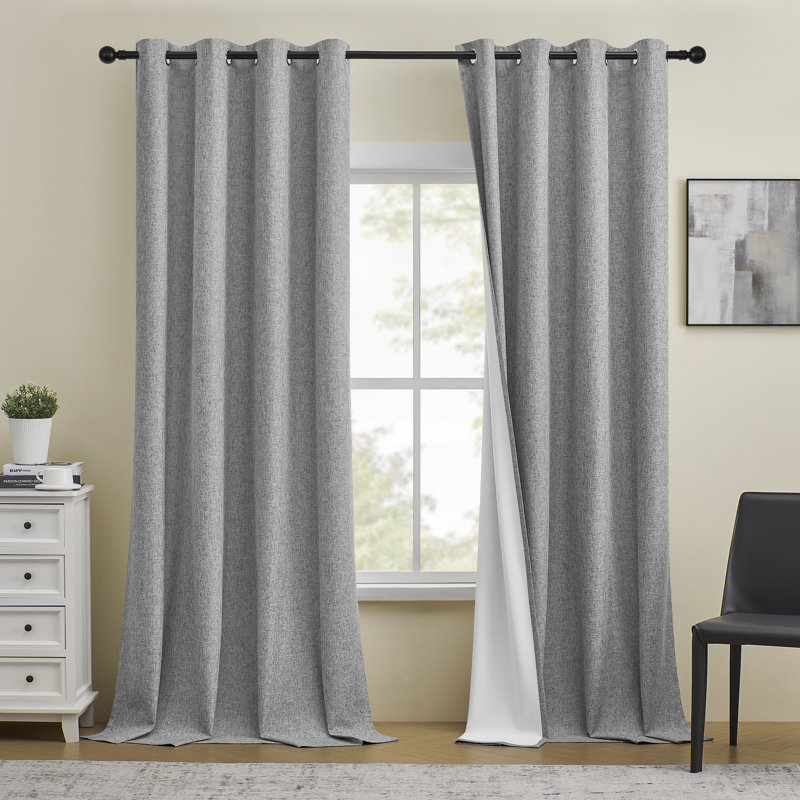 Leming Linen Like Polyester Blackout Room Darkening Grommet Curtain Pair, Dark Gray, 52" W x 72" L