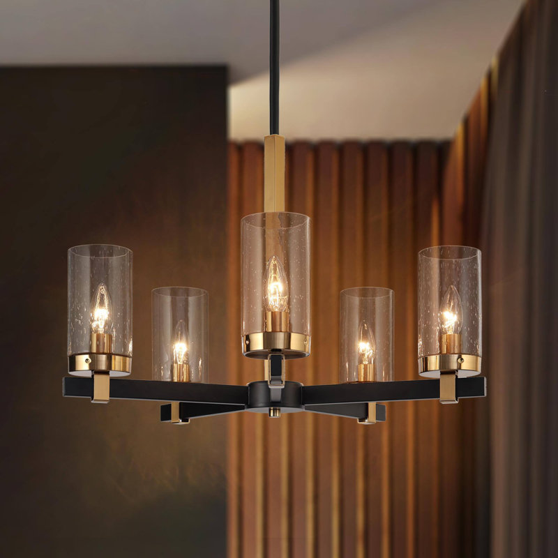 Lustre rond moderne Belser à 5 lumières, intensité variable, avec abat-jour cylindrique en verre bullé pour salle à manger