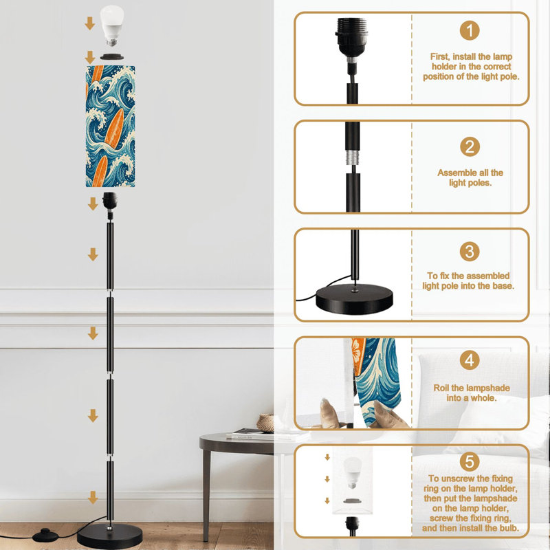 Lampe sur pied rétro avec planches de surf et vagues rétro de style rétro avec télécommande et pédale avec abat-jour et abat-jour