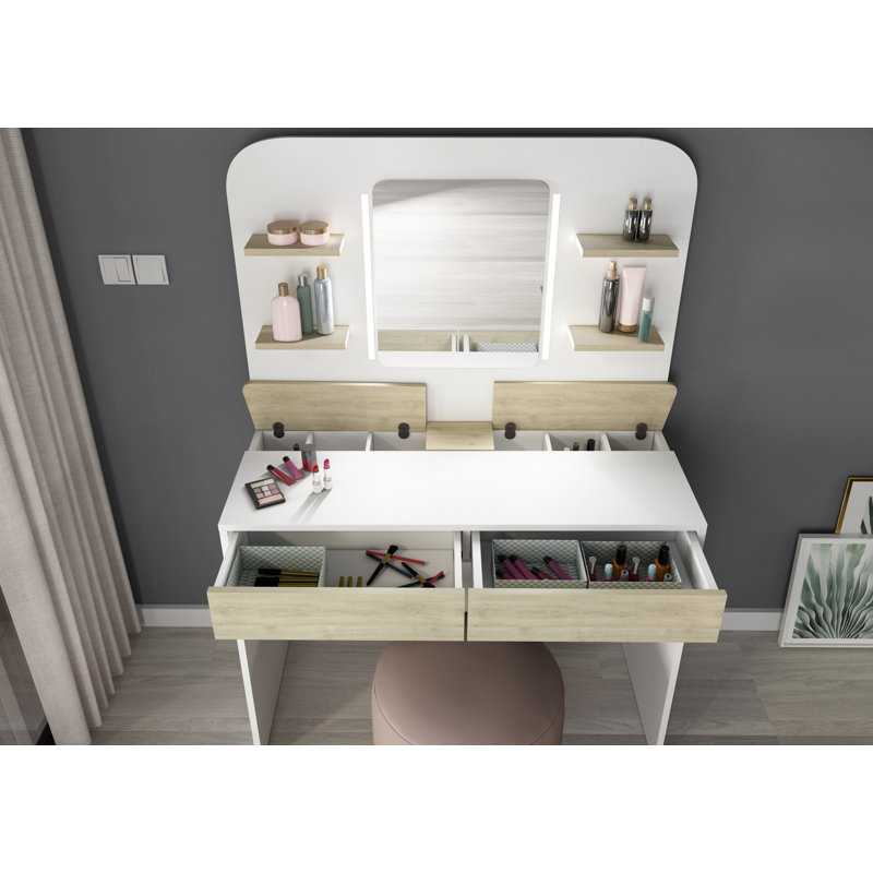 Marceline Kids Vanity Table with Mirror, Natural Oak/White
