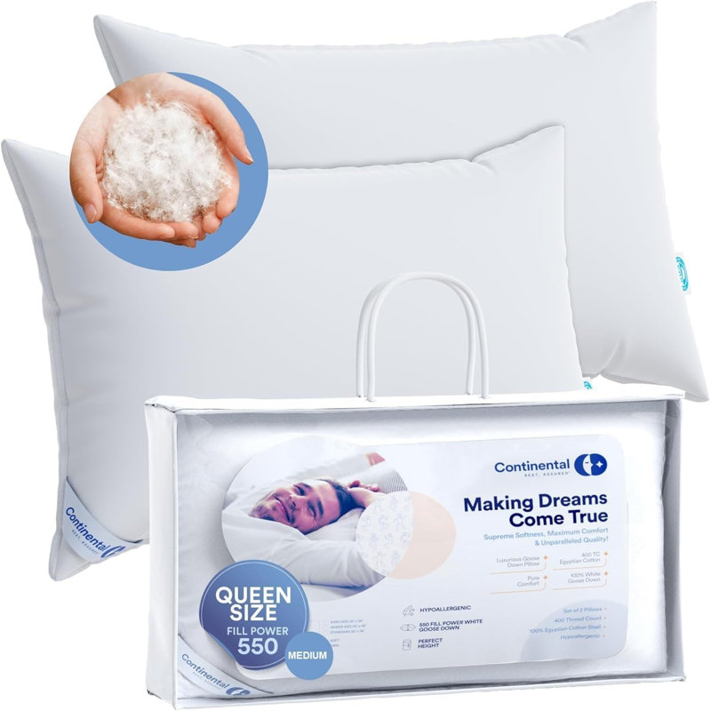 Continental Bedding 2 Luxury Down Medium Firmness Pillows Breathable Bed Pillows For Sleeping, Queen