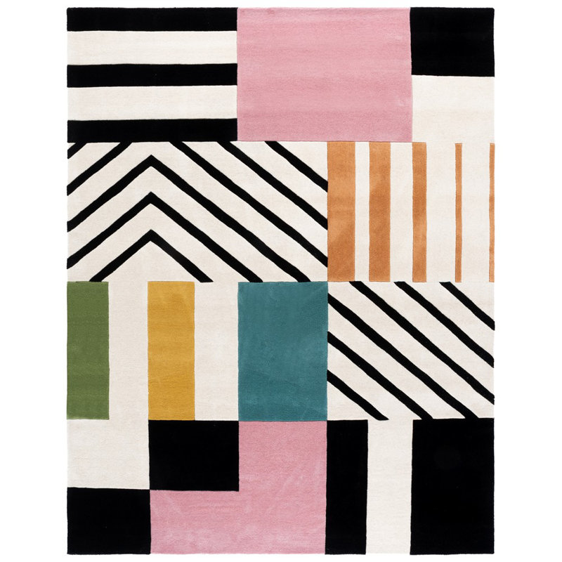 Tapis ivoire / noir / rose en laine fait à la main Tripoli, Rectangle de 10 pi x 14 pi