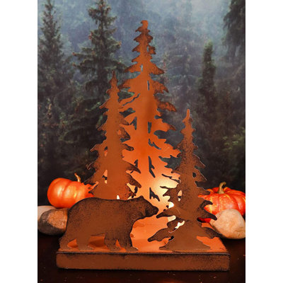 Jasvinder en aluminium, art en métal, forêt rustique, ours noir, pin, forêt, veilleuse, sculpture, 12 po de hauteur