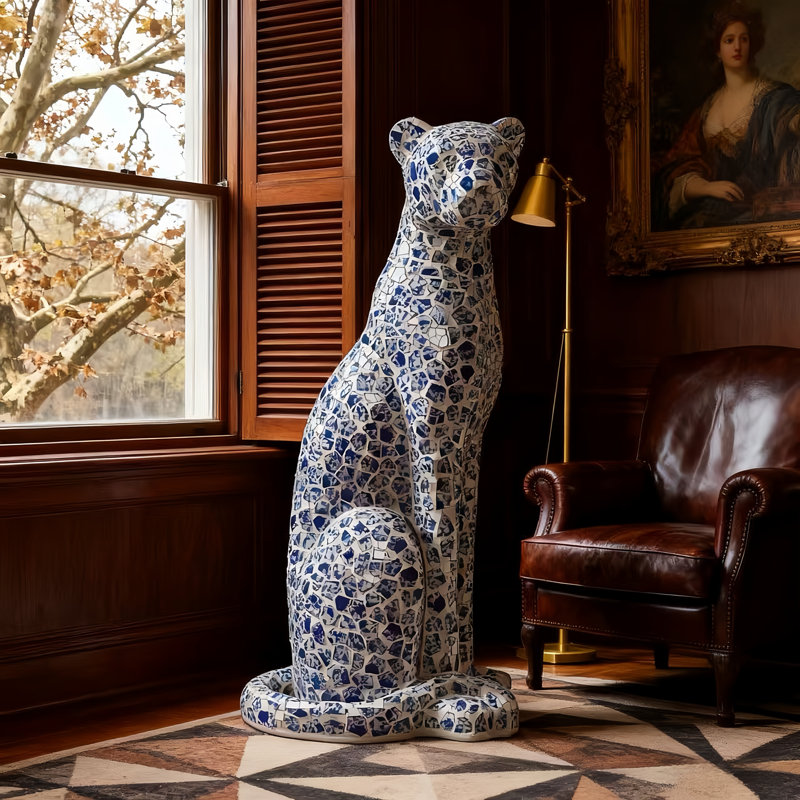 Statue décorative Art Panther avec extérieur en céramique bleue , Bleu