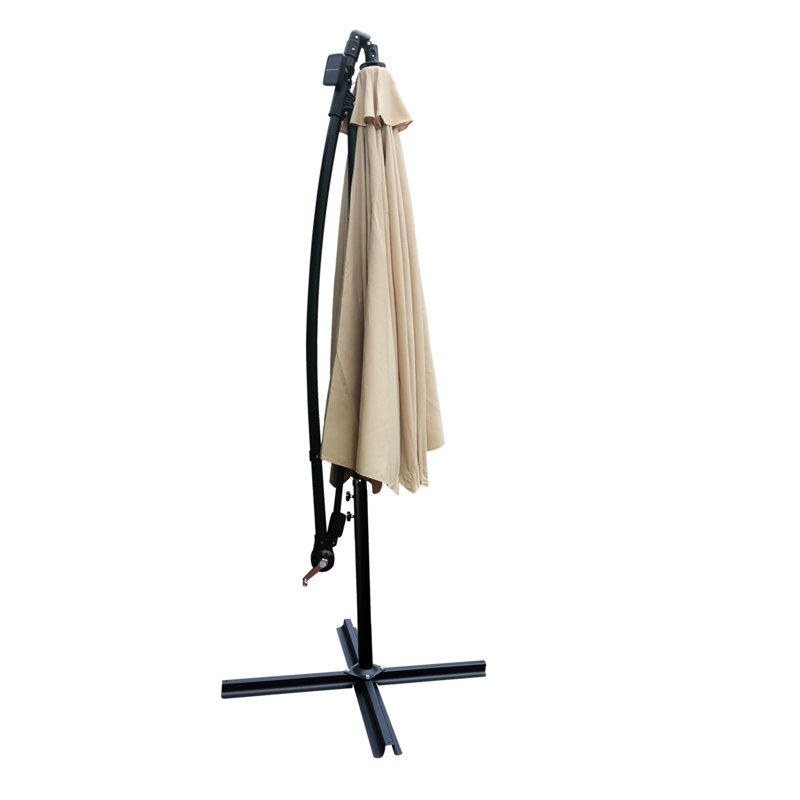 Parasol de patio à DEL solaire brun clair 10 pi - tissu respirant, 8 nervures, manivelle pour éclairage extérieur de la piscine