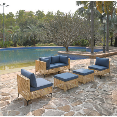 Morceaux de patio modulaires, osier en rotin PE avec coussins bleu marine