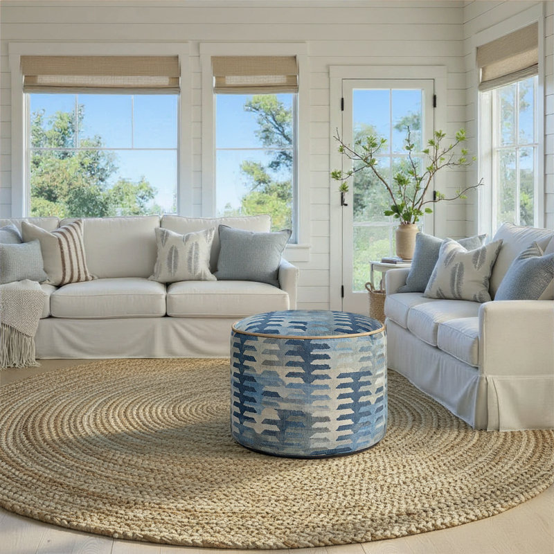 Navajo Navy Tall Pouf, Blue, 18" H x 22" W x 22" D