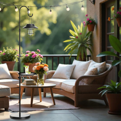 60" Solar Floor Lamp With Detachable Hanging Lantern & Small Side Table - Cordless, Waterproof Outdoor Lighting For Deck, Patio, Garden, Porch - Weatherproof Iron Floor Light