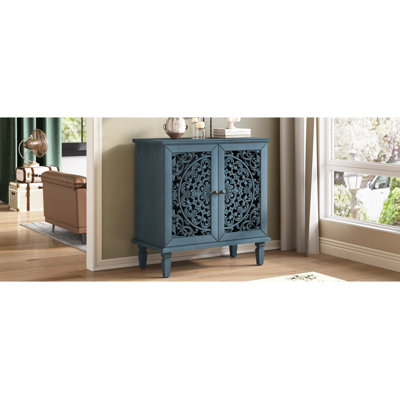 Commode d'appoint rétro sculptée, buffet de rangement à 2 portes avec motif floral symétrique, tablette réglable et pieds en bois massif pour le vestibule du salon