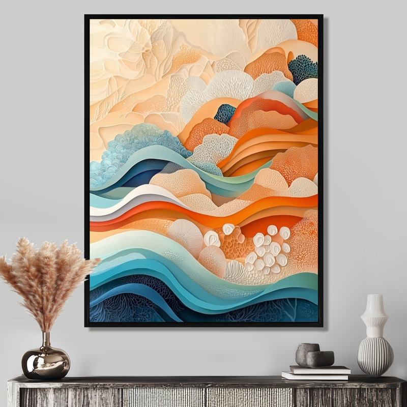 «Omeir Orange Transitional Spriral Oceanic Waves I», art mural encadré, H 40 po x l 30 po, Noir