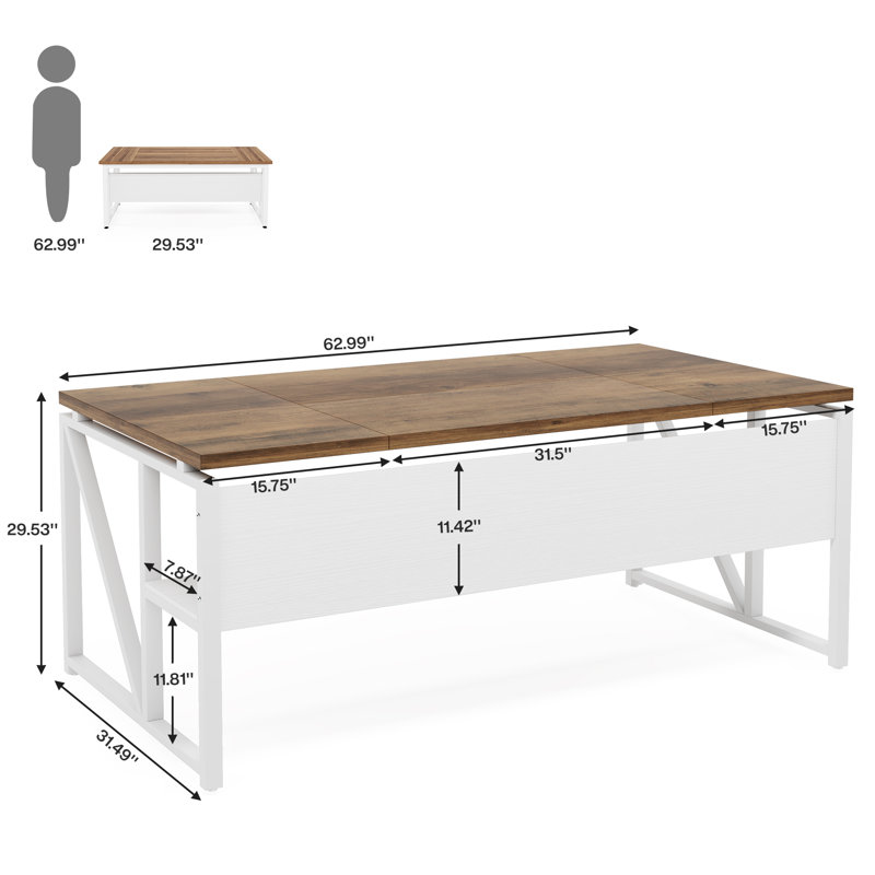 Bureau 63 pouces Moden Compute avec tablette de rangement, bureau d'écriture pour poste de travail, Blanc, Beige