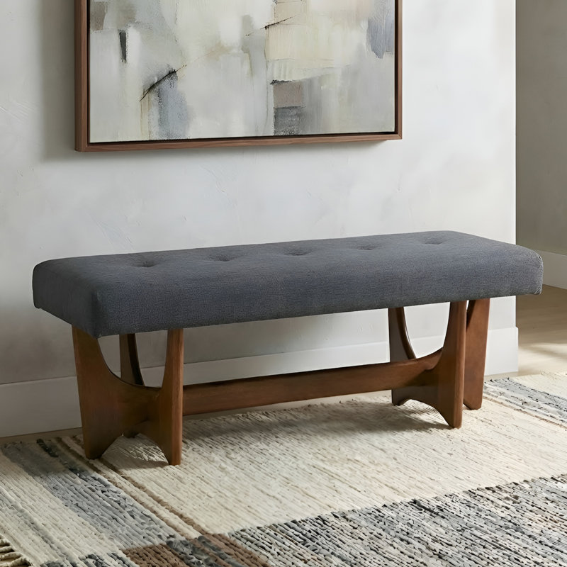 Banc rembourré capitonné avec pieds en bois massif, Noyer / gris
