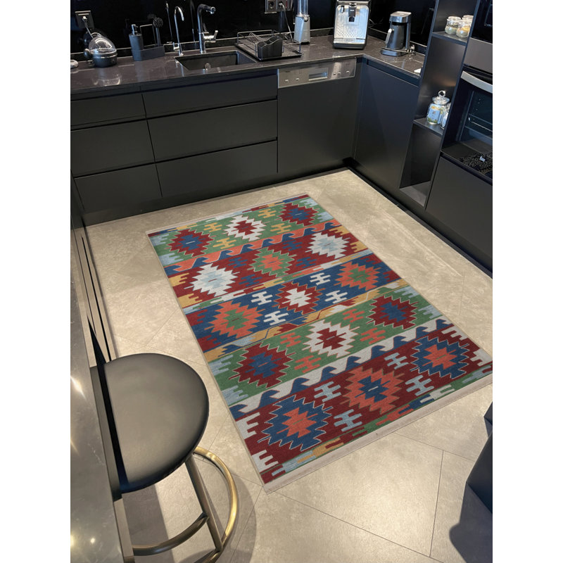 Tapis bleu en polypropylène à imprimé numérique Jovianna, Tapis de couloir 2 pi 8 po x 9 pi 11 po