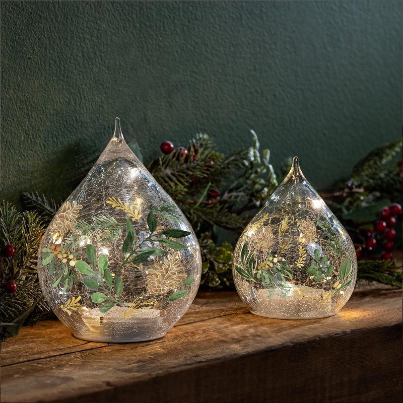 Shades of Green LED Table Decor Glass Teardrop, Set of 2