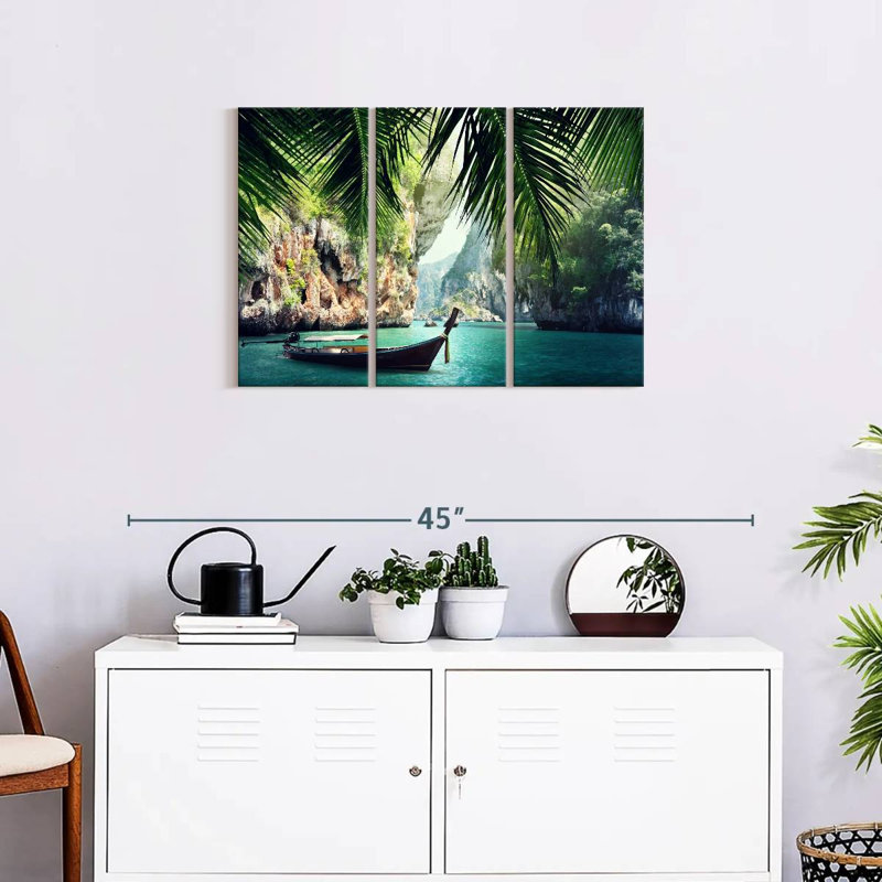Thailande, bateau long, 3 pièces, H 20 po x l 33 po x P 1,25 po