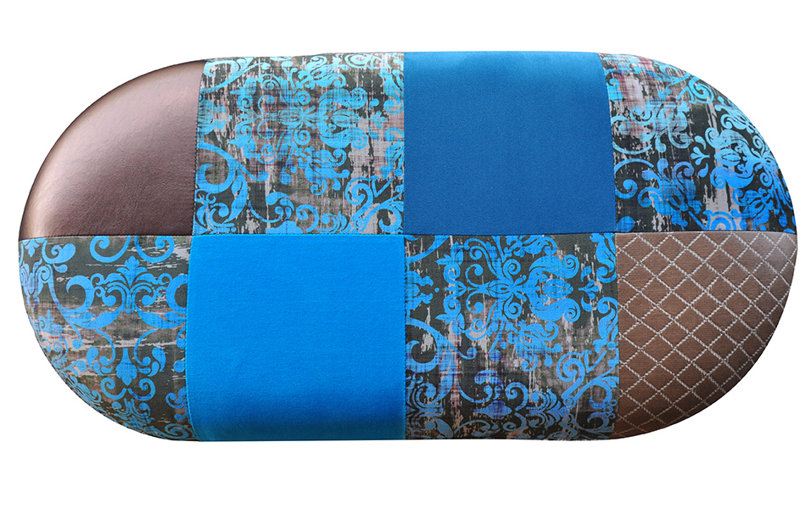 Patchwork Polyester Blend Upholstered Bench, Turquoise Mix