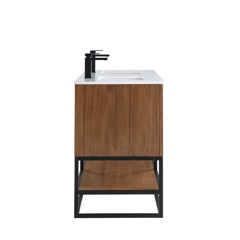 Terra 60'' W Double Vanity, Walnut, Matte Black, Calacatta Quartz/Widespread