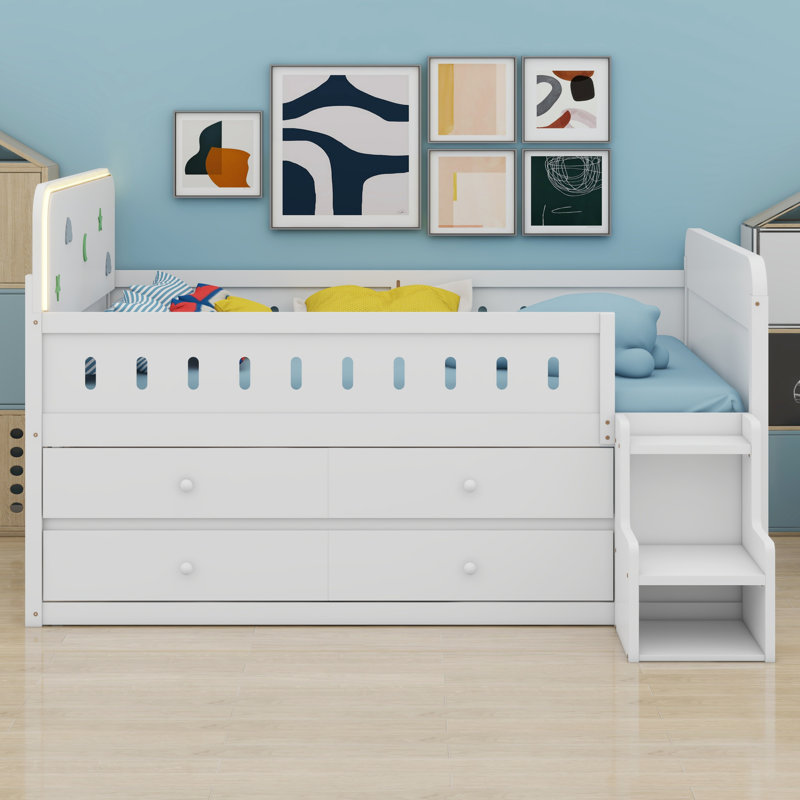 Lit en bois avec lumière DEL, tiroirs de rangement, Blanc