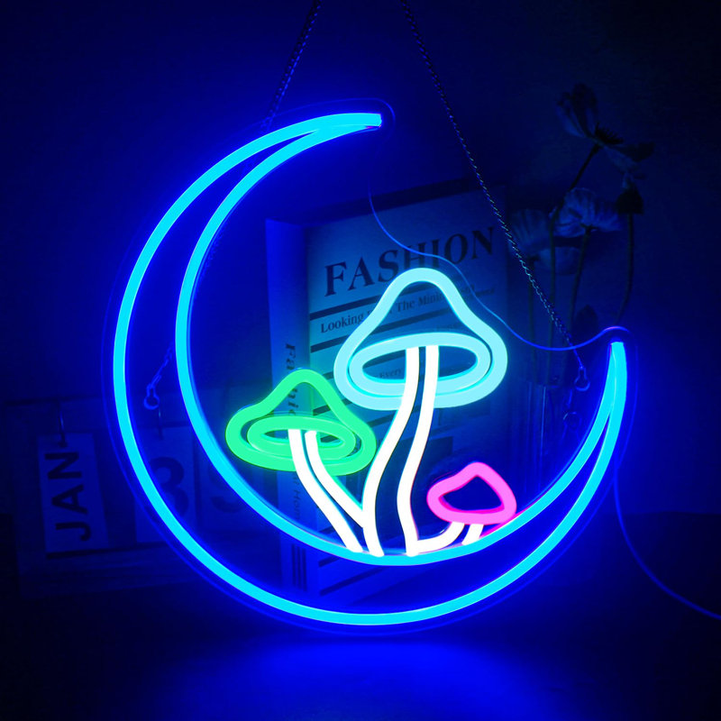 Lune, champignon, enseigne au néon, bleu, néon, lumières pour décoration murale, champignon, enseignes lumineuses USB, enseignes à DEL pour salon