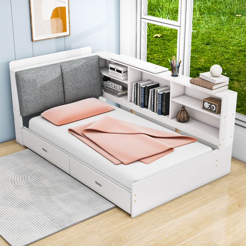 Lit plateforme tapissier 2 tiroirs avec tête de lit et tablettes Ruthia, White