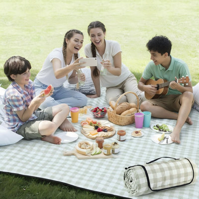 80''X80'' Extra Large Picnic Blanket - Waterproof Foldable Gingham Mat For Beach, Camping & Park (Green White)