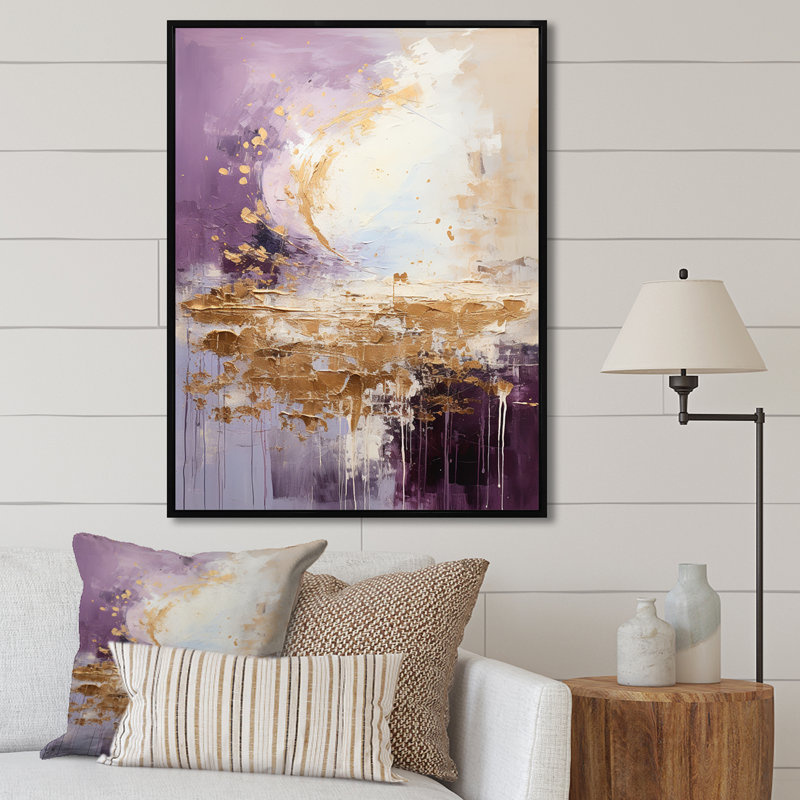 Mauve et or paysage de montagne III - paysages abstraits, art mural pour le salon, Cadre flottant noir