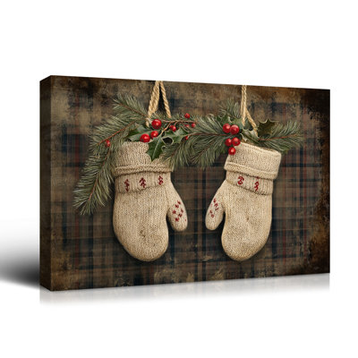 Art mural sur toile rétro avec gants blancs de Noël rétro, décor de Noël rustique, affiche de Noël de vacances d'hiver de ferme, décorations murales pour la maison chambre à coucher salon cadeaux de Noël