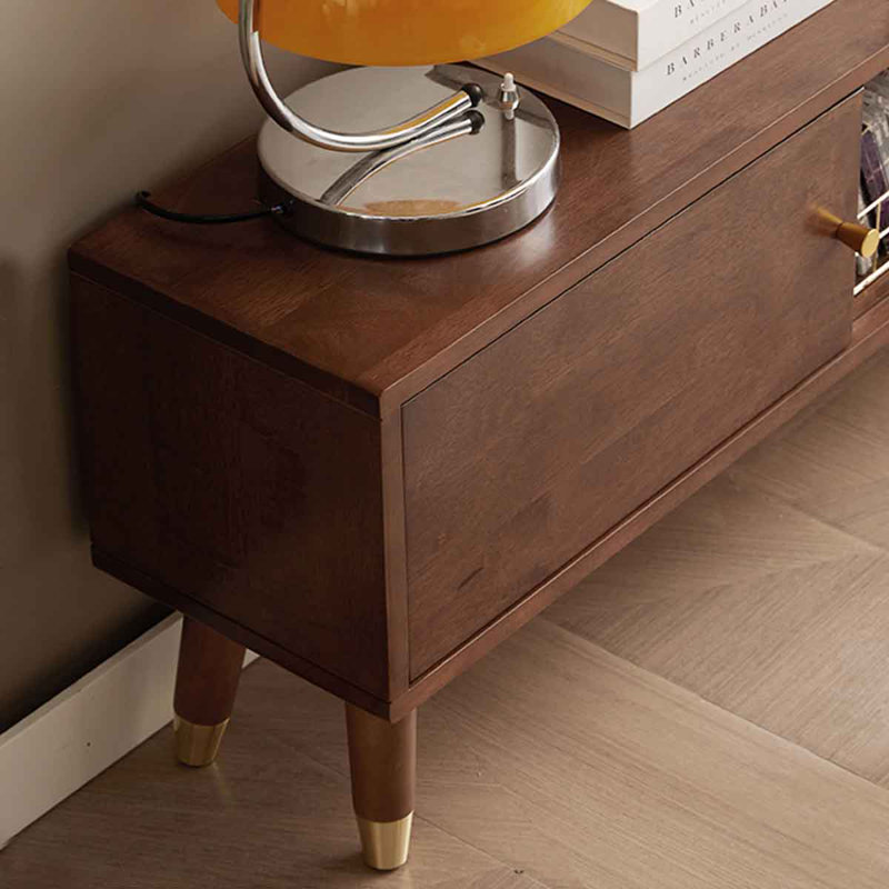 Meuble télé de style transitionnel en bois massif avec tiroirs symétriques, 15" H x 94.5" W x 9.4" D, Tan