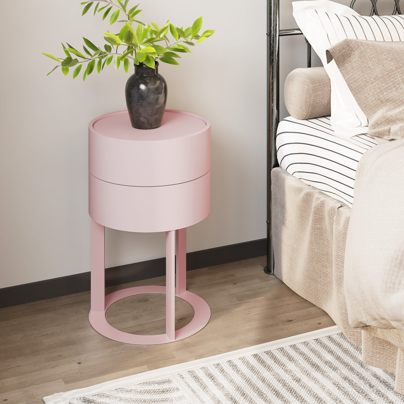 2 - Drawer Round End Table， Rotary Opening Nightstand, Pink, Pink