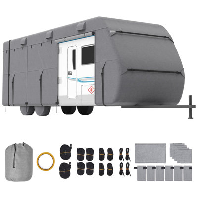 Housse pour roulotte de voyage, housse pour camping-car de 30 à 33 pieds, housse de camping en tissu non tissé à 4 couches, housse pour camping-car de classe A imperméable, coupe-vent et Rip-Stop, avec sac de rangement, patchs de réparation, sangles et couvre-pneus