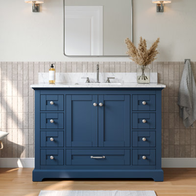 Ensemble de meuble-lavabo autoportant 48 po moderne avec lavabo simple avec comptoir en marbre de Carrare, lavabo en céramique blanche et armoire de rangement en bois massif à 9 tiroirs