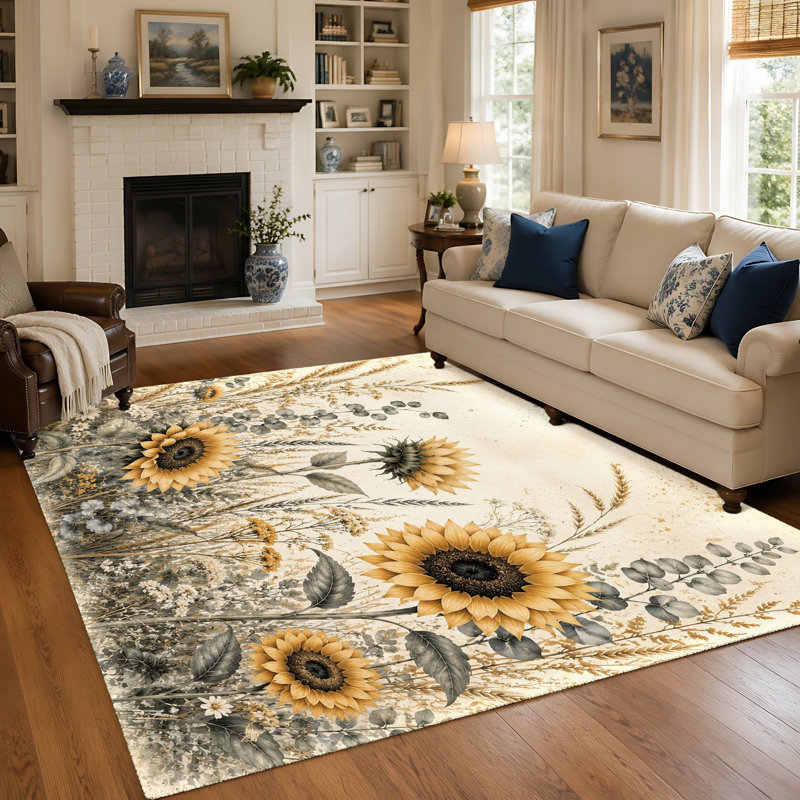 Tapis imprimé tournesol artistique (1 pièce) - Tapis à motif floral botanique vintage, lavable et facile à nettoyer, dos antidérapant, idéal pour décorer le salon, la chambre à coucher, la cuisine ou le bureau.