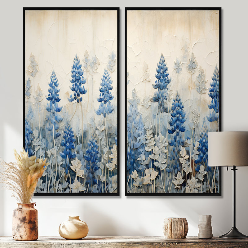 Élégant pré à bonnet bleu et beige - Art mural traditionnel 2 panneaux, H 20 po x l 24 po, Impression encadrée flottante