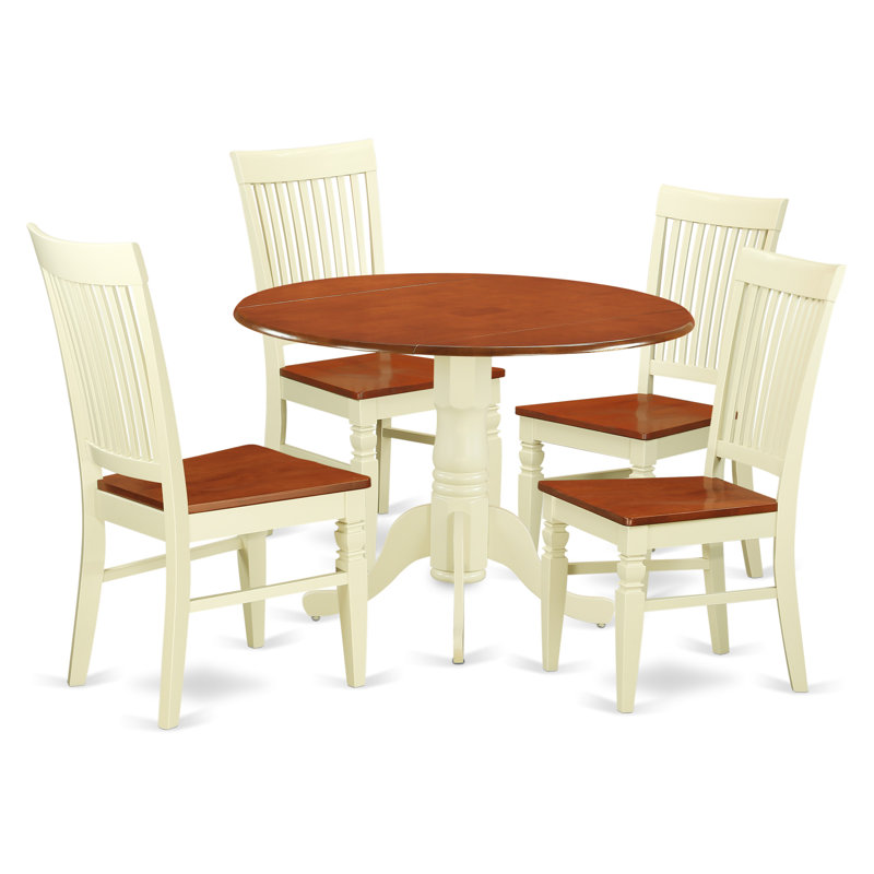 5 Piece Dinette Set for 4 Includes a Round Dining Table with Dropleaf and 4 Dining Room Chairs, Buttermilk & Cherry