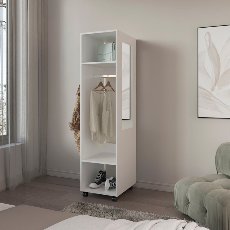 Armoire H 63 po, avec 3 tablettes, 1 miroir et 4 roulettes, Blanc