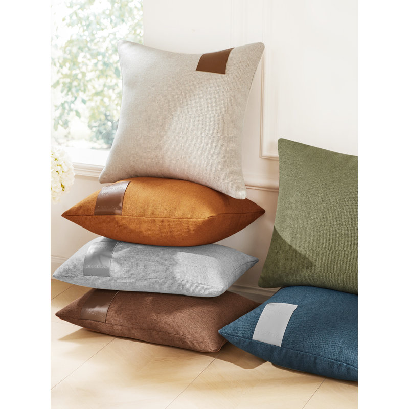 Decorative Solid Pillow Covers with Leather Label (Set of 2), 24"H x 24"W, Light Gray