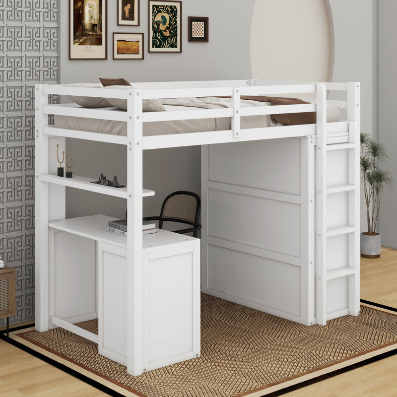Lit mezzanine simple avec bureau, tiroirs et garde-robe, Blanc