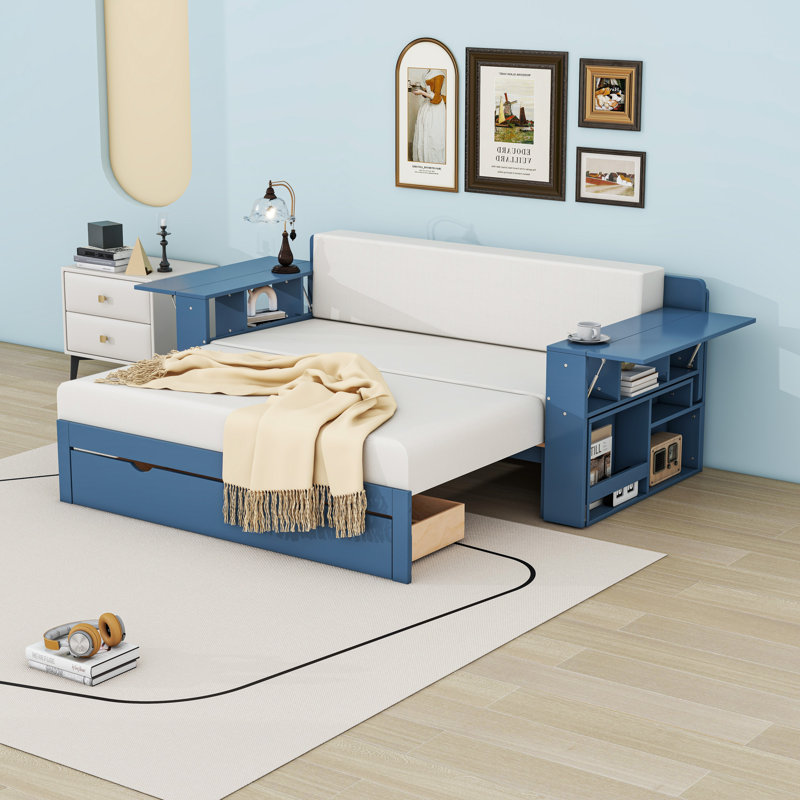 Daybed with Removable Desk, Drawers and Hydraulic Armrest Tables, Blue, Full/Double