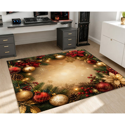 Christmas Holiday Machine Washable Area Rug with Non‑Slip Backing, Ornaments Pine Cones Snowflakes Pattern Floor Carpet, Cozy Indoor Home Decor for Living Room, Bedroom, Entryway, Party, Apartment