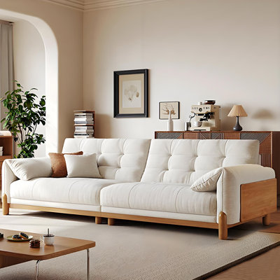 94.49"White linen-blend loveseat with throw pillows