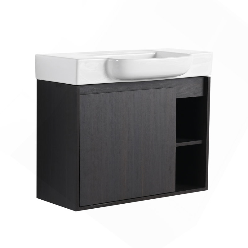 Meuble-lavabo mural 28 po avec lavabo en céramique blanche et porte à fermeture en douceur, chêne foncé, Dark Brown