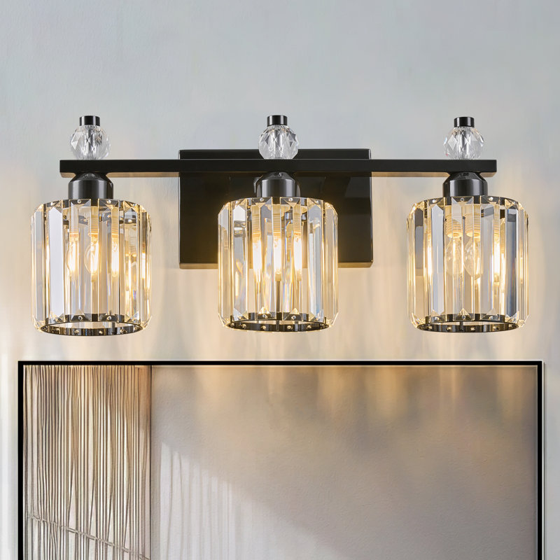 Lampe de meuble-lavabo moderne en cristal avec abat-jour cylindrique, Noir plaqué, Trois lumières
