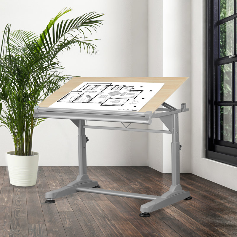 Adjustable Height Silver Frame Drafting Table with Birch Top