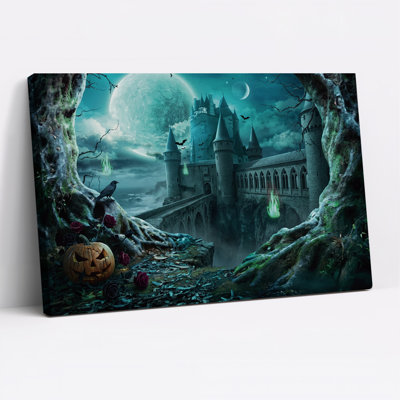 Impression sur toile, "Château gothique sous la lune géante avec fantôme vert"