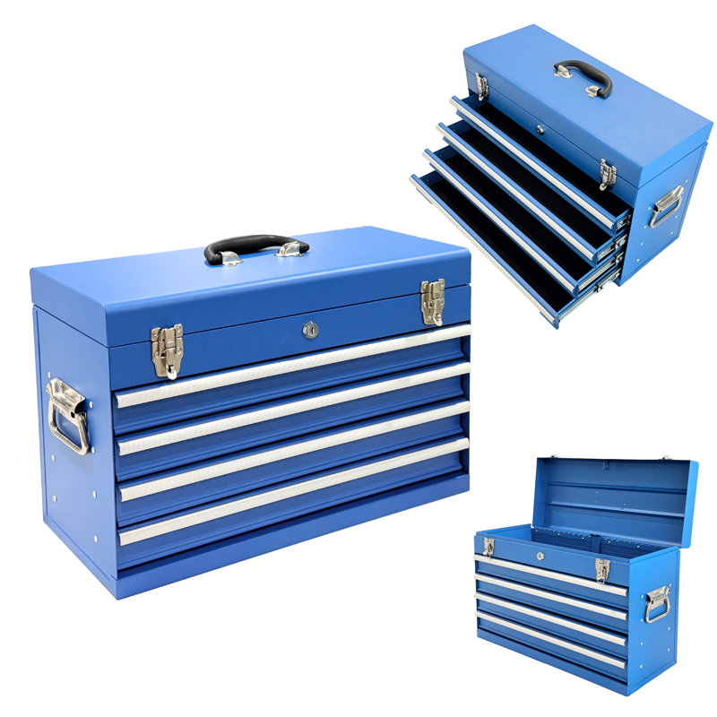 Coffre à outils robuste de 53 cm (21 pouces), 4 tiroirs, en métal, doublé, verrouillage automatique, glissières à roulement à billes, acier bleui, ouverture du couvercle en douceur, portable, design